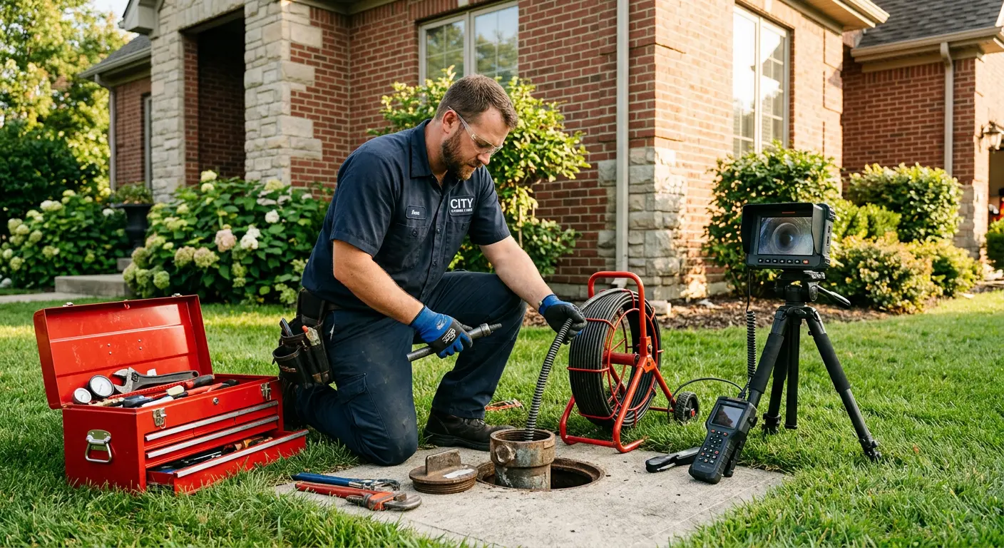 Sewer specialist with camera equipment servicing a cleanout in Lower Nazareth