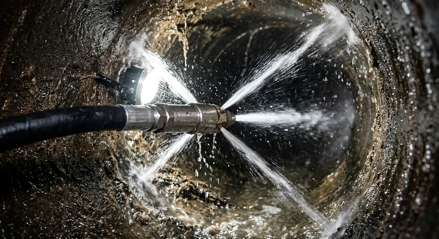 High-pressure hydro jetting nozzle cleaning sewer pipe for Trenchless Sewer Repair in Lower Nazareth