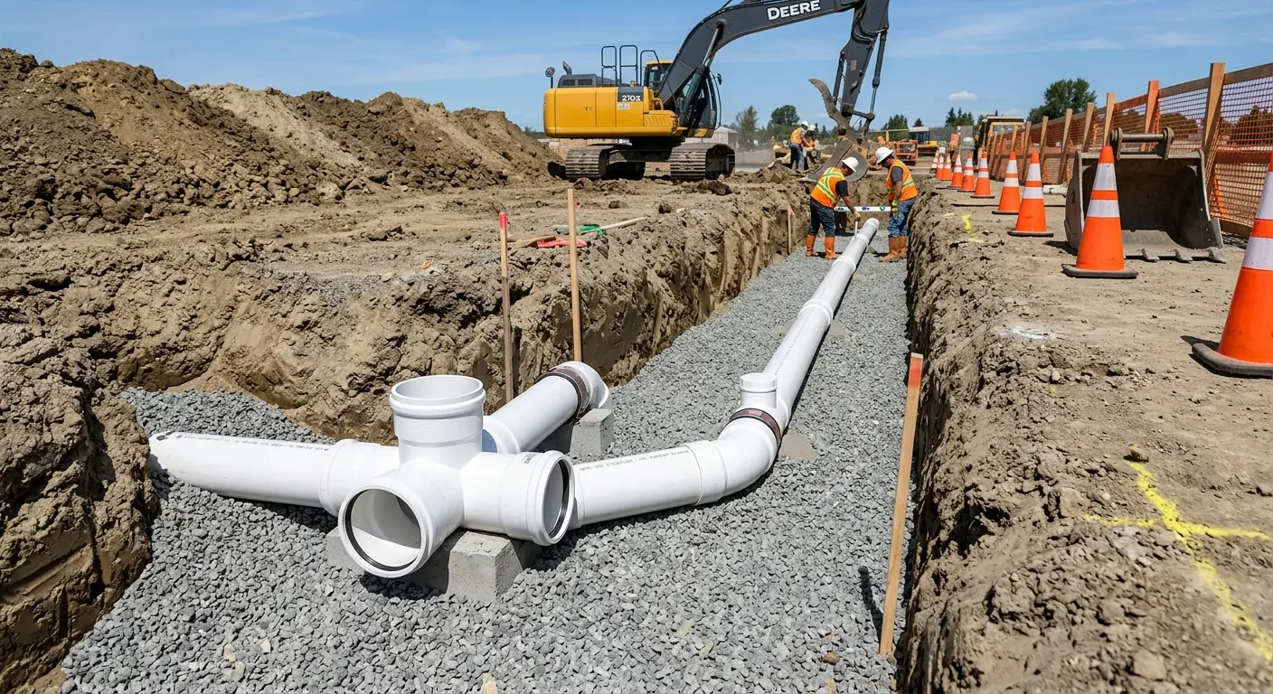 New PVC sewer pipe installation in open trench for Commercial Drain Cleaning in Lower Nazareth
