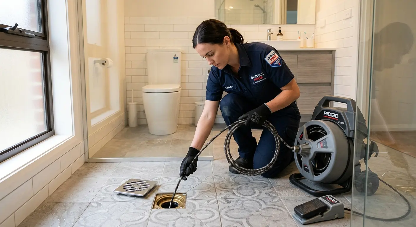 Technician clearing a bathroom floor drain for Sewer Line Replacement in Lower Nazareth